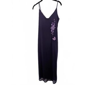 Pia Slip Maxi Dress Purple Sheer Embroidered Butterfly‎ Floral Overlay 90s Y2K L
